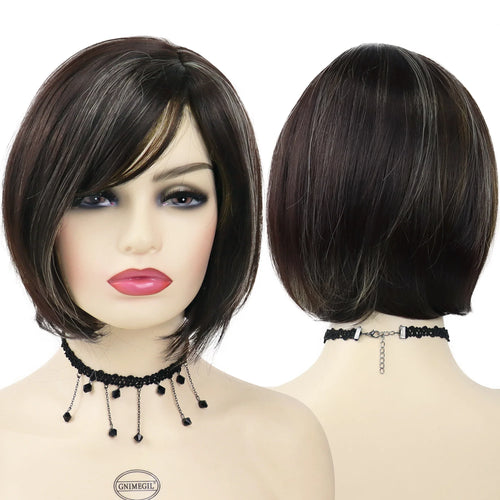 Load image into Gallery viewer, Synthetic Short Bob Wig with Bangs for Women Mix Brown Wigs Highlights Hairstyles Cute Bobs Haircut Mommy Wig Lady Hair
