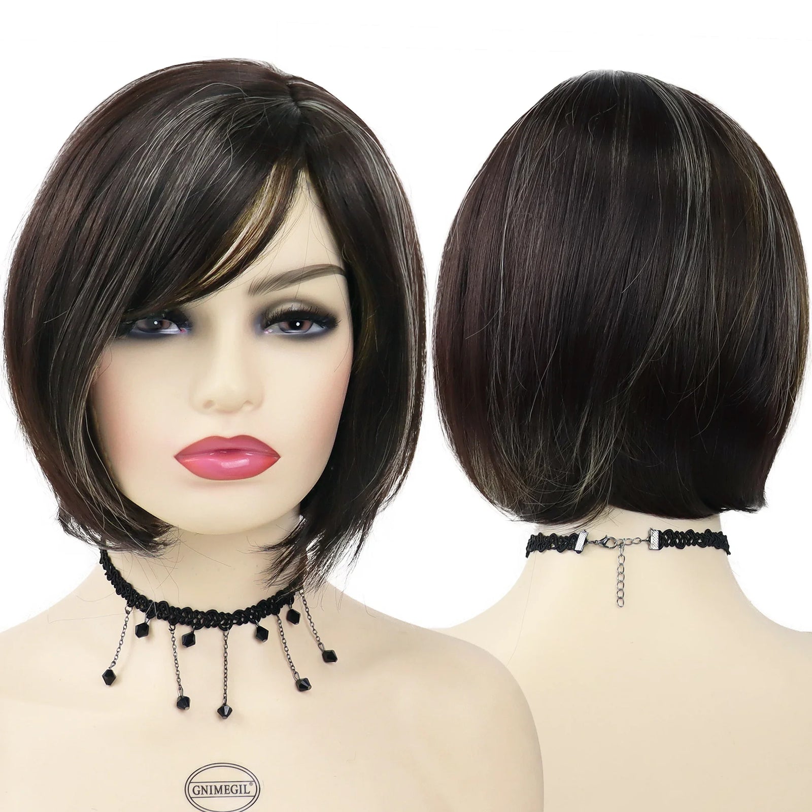 Synthetic Short Bob Wig with Bangs for Women Mix Brown Wigs Highlights Hairstyles Cute Bobs Haircut Mommy Wig Lady Hair