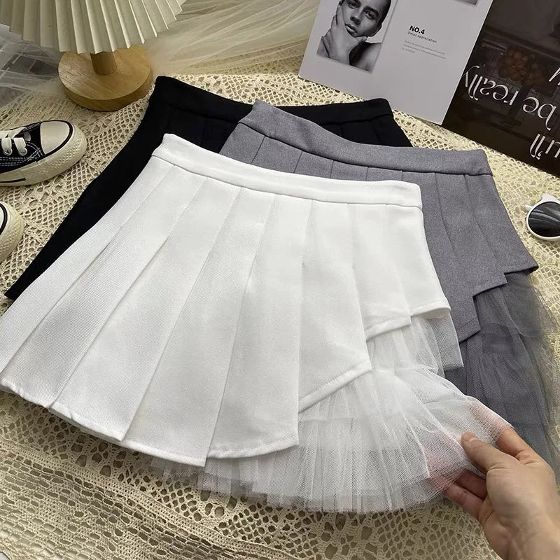 Korean 2024 Spring Summer Women Black Mesh Patchwork High Waist Mini Skirt White Sexy Club Girl Party A-line Pleated Short Skirt