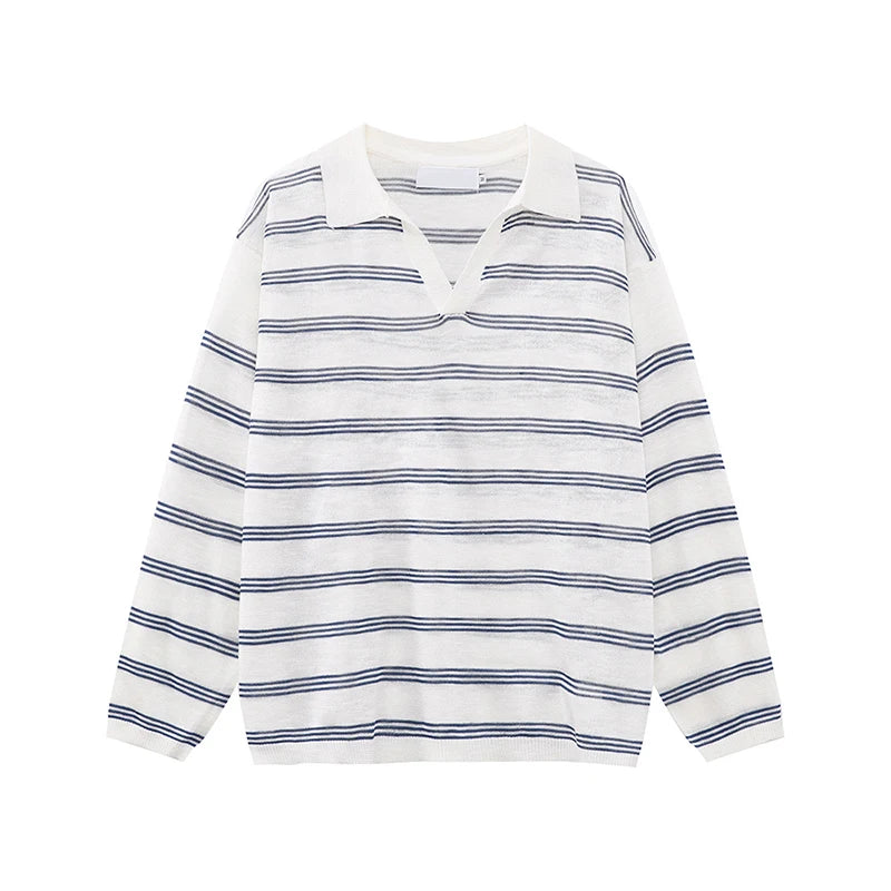 Men's Long Sleeve T-shirts New Korean Contrast Color Striped Design Loose Casual Turn-down Collar Male Handsome Top 9W1677