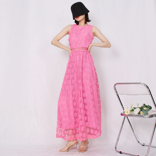 Load image into Gallery viewer, Vintage Embroidery Long Dress For Women Round Neck Sleeveless High Waist Cut Out Solid Midi Dresses Female Summer
