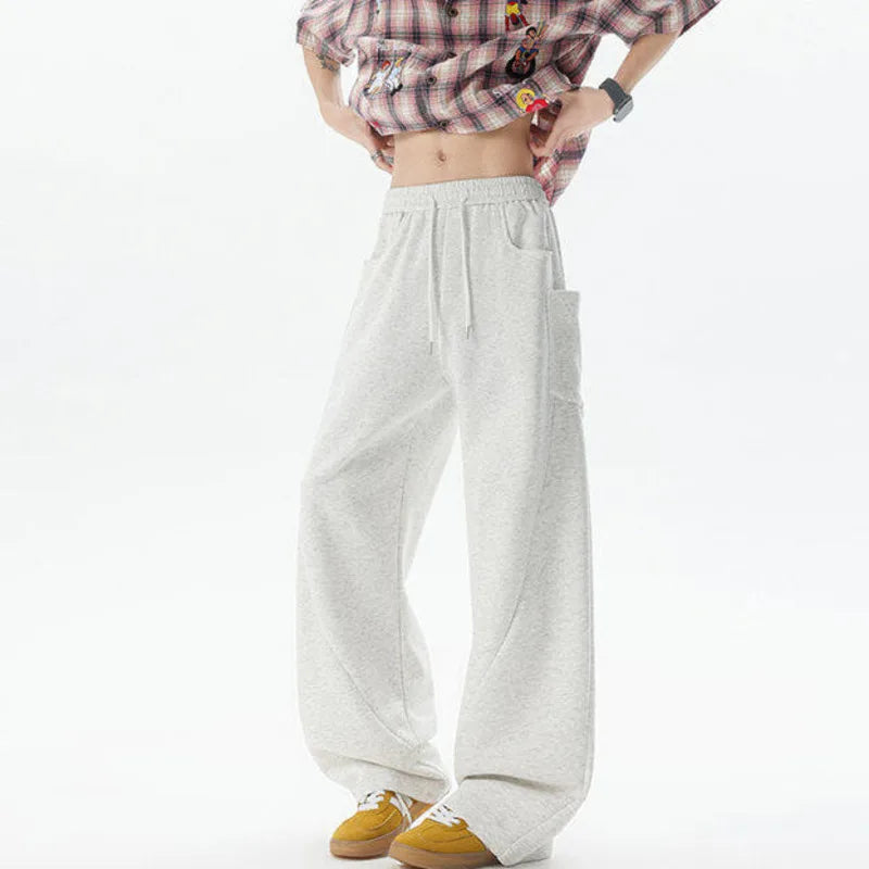Summer Men's Sweatpants Straight Wide Leg Elastic Waist Style Fashion Solid Color Trousers Men Bottoms Pockets 9W1398
