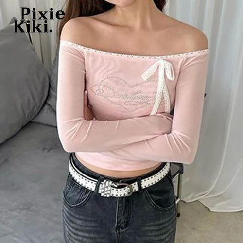 Load image into Gallery viewer, Y2k Lace Bow Rhinestone Mesh Pink Shirts Crop Tops Women 2024 Fall Kawaii Off Shoulder Long Sleeve Tees P84-BI10
