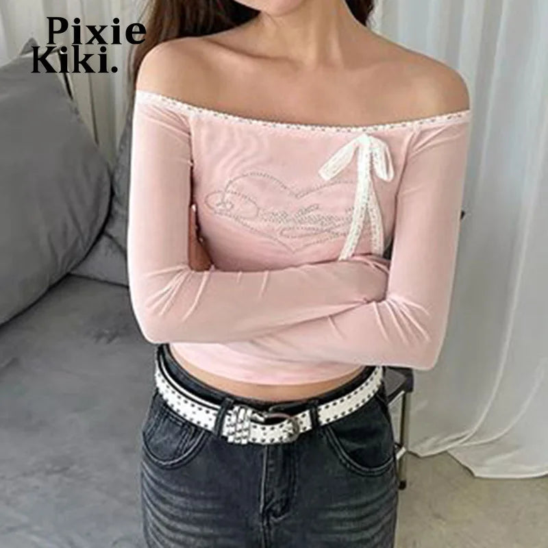 Y2k Lace Bow Rhinestone Mesh Pink Shirts Crop Tops Women 2024 Fall Kawaii Off Shoulder Long Sleeve Tees P84-BI10