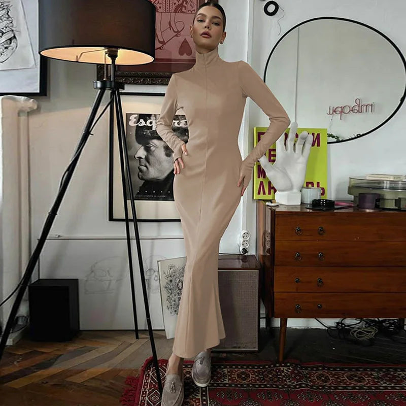 Elegant Turtleneck Long Sleeve Bodycon Long Dress For Women Autumn Winter New Ribbed Zipper Long Dress Fashion Clothes
