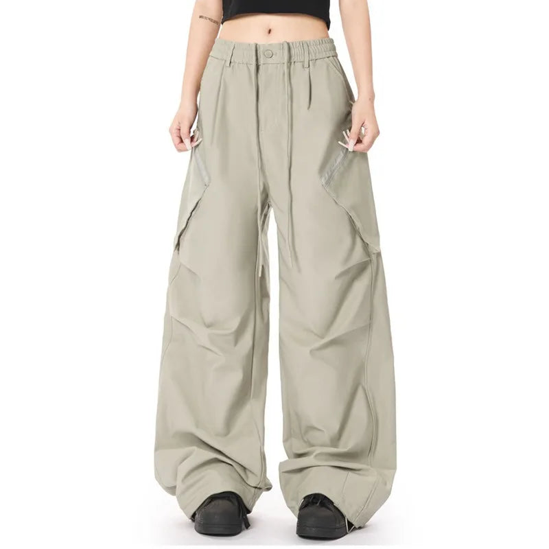 Men's Cargo Pants New American Straight Wide Leg Trendy Multi Pockets Stylish Elastic Waist Male Casual Bottoms 9W1927