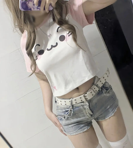 Cotton Woman T Shirts Chic Japanese Tees Summer Tshirts O-neck Short Sleeve Cute Camisetas Y2k Tops Cat Print Tunic Crop T-shirt