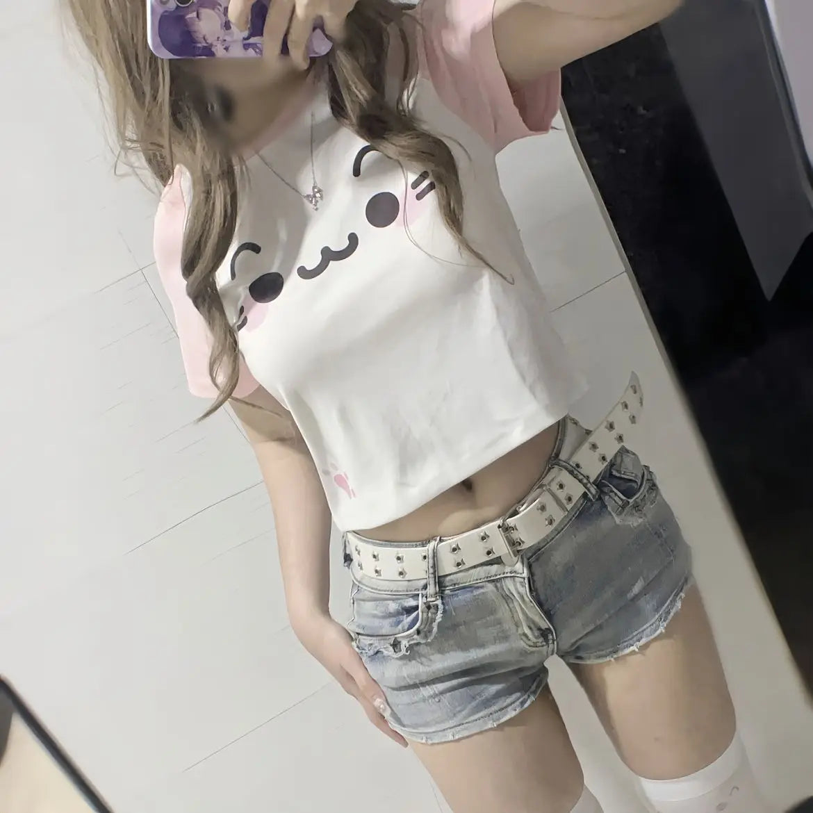 Cotton Woman T Shirts Chic Japanese Tees Summer Tshirts O-neck Short Sleeve Cute Camisetas Y2k Tops Cat Print Tunic Crop T-shirt