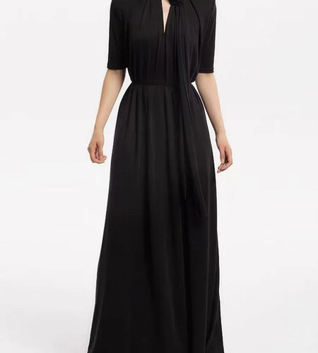 Solid Hollow Out Loose Dresses For Women O Neck Short Sleeve High Waist  Temperament Long Dress Female Fashion New