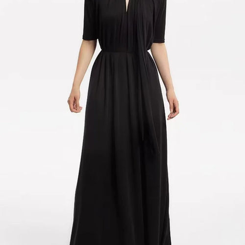 Load image into Gallery viewer, Solid Hollow Out Loose Dresses For Women O Neck Short Sleeve High Waist  Temperament Long Dress Female Fashion New
