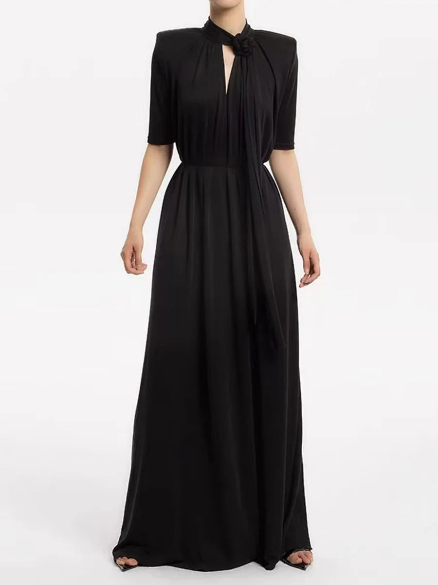 Solid Hollow Out Loose Dresses For Women O Neck Short Sleeve High Waist  Temperament Long Dress Female Fashion New