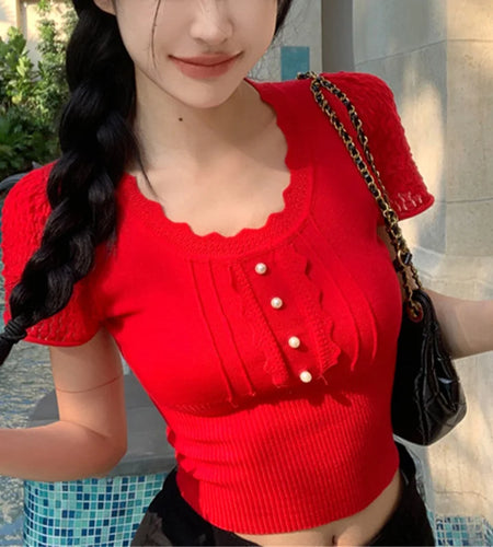 y2k Crop Tops Women Coquette Clothes Slim Fit Round Neck Short Sleeve T Shirt Fairycore Aesthetic Clothing Streetwear