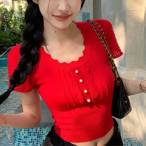 Load image into Gallery viewer, y2k Crop Tops Women Coquette Clothes Slim Fit Round Neck Short Sleeve T Shirt Fairycore Aesthetic Clothing Streetwear
