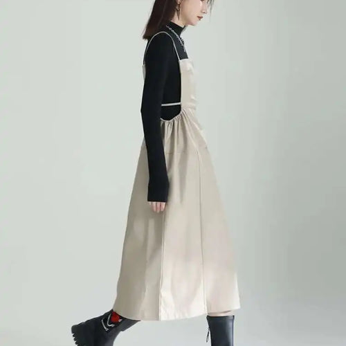 Load image into Gallery viewer, Women Apricot PU Leather Big Size Spaghetti Strap Dress New Square Collar Loose Fit Fashion Spring Autumn 2025 1DF4804
