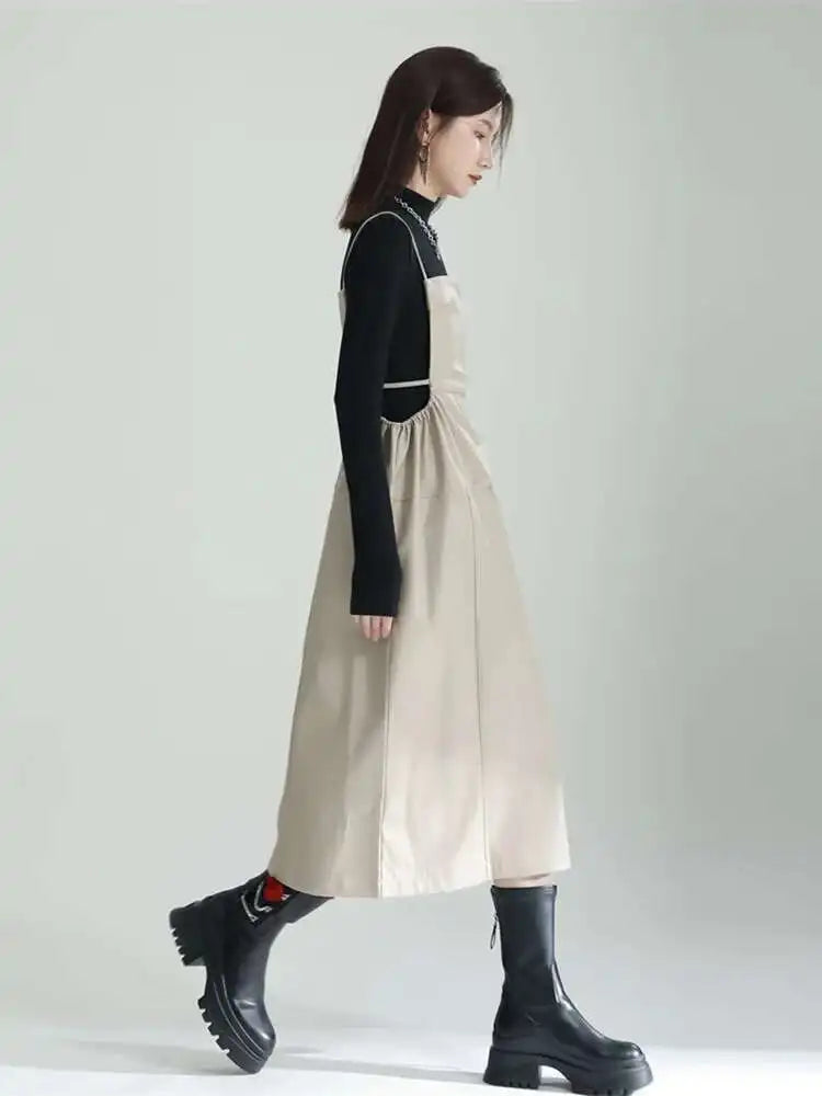 Women Apricot PU Leather Big Size Spaghetti Strap Dress New Square Collar Loose Fit Fashion Spring Autumn 2025 1DF4804