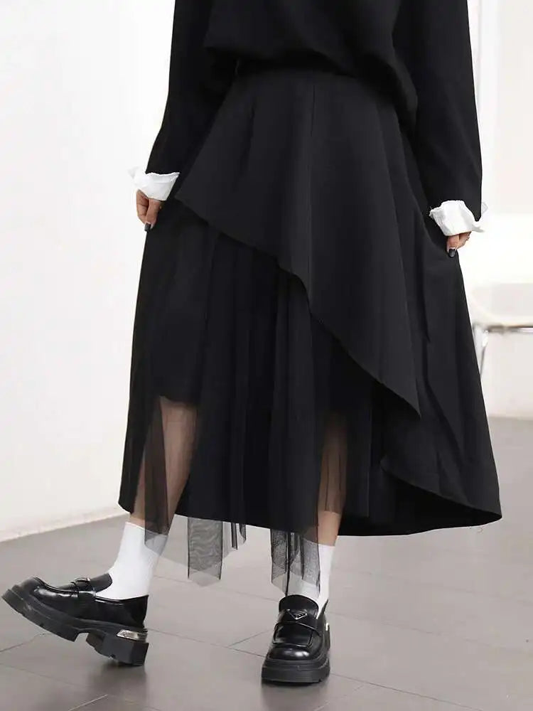 High Elastic Waist Black Mesh Irregular Spliced A-line Half-body Skirt Women Fashion Tide New Spring Autumn 2025 1DJ0611