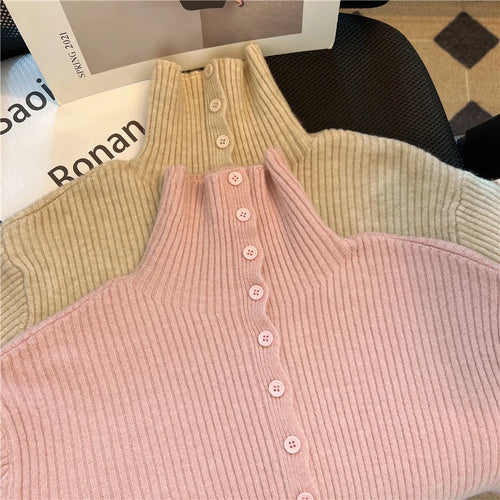 Load image into Gallery viewer, Women Beige Elegant Knitted Half High Neck Sweater Autumn Winter Pink Basic Slim Single Breasted Pullovers Tops Simplicity Retro
