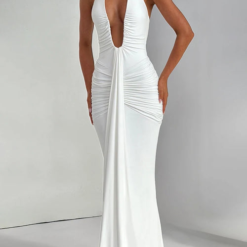 Load image into Gallery viewer, Deep V Neck Backless Ruched Sexy Maxi Dress Women Gown Summer Halter Sleeveless Draped Club Party Long Dress 2025
