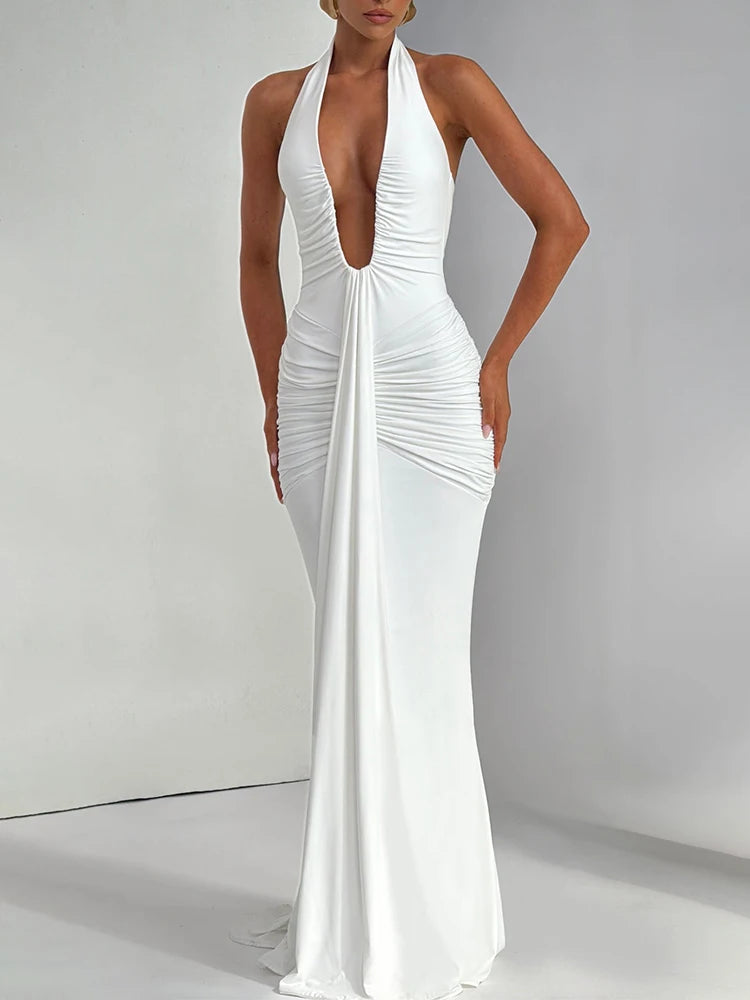 Deep V Neck Backless Ruched Sexy Maxi Dress Women Gown Summer Halter Sleeveless Draped Club Party Long Dress 2025