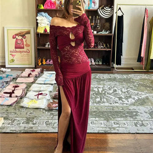 Load image into Gallery viewer, Lace Hollow Out Sexy Maxi Dress Women Gown Off-shoulder Strapless Long Sleeve Backless Split Pleated Long Dress
