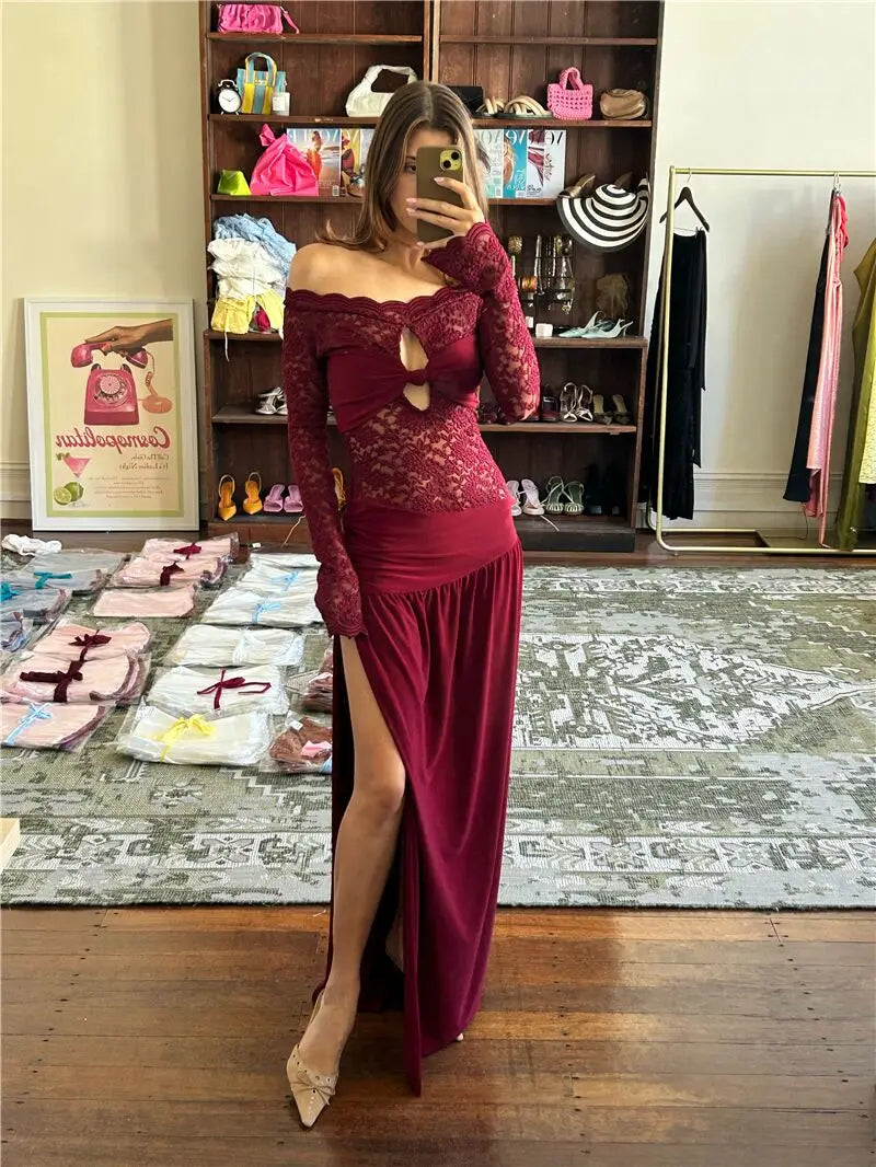Lace Hollow Out Sexy Maxi Dress Women Gown Off-shoulder Strapless Long Sleeve Backless Split Pleated Long Dress