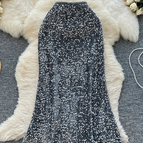 Load image into Gallery viewer, Korean Fashion Spring Black White Elegant Sequin Half Skirt Women Red Grey High Waist New Office Lady Wrapped Hip Fishtail Skirt
