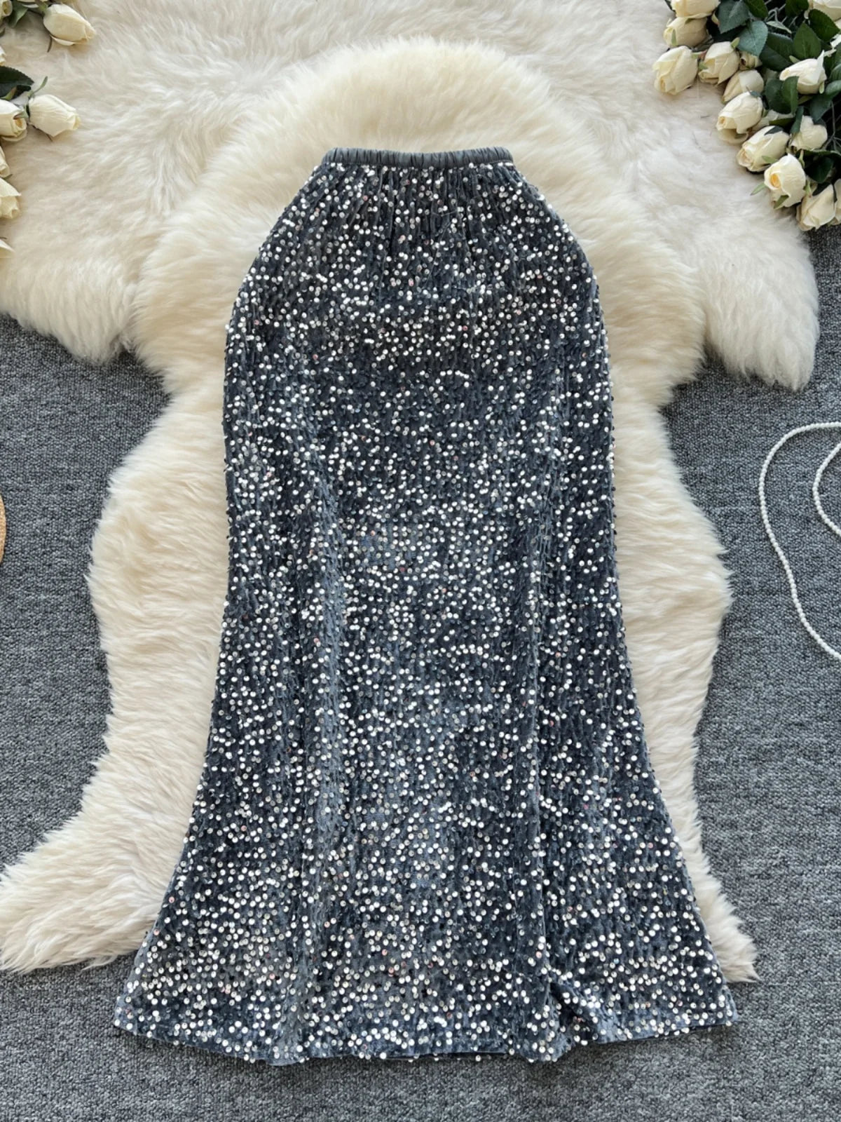 Korean Fashion Spring Black White Elegant Sequin Half Skirt Women Red Grey High Waist New Office Lady Wrapped Hip Fishtail Skirt