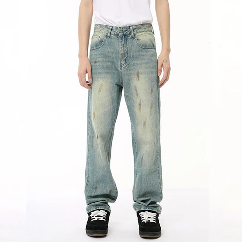 Load image into Gallery viewer, Male Denim Pants New American Worn-out Vintage Splash Ink Whiten Washed Straight Leg Jeans Summer Trendy 9C6674
