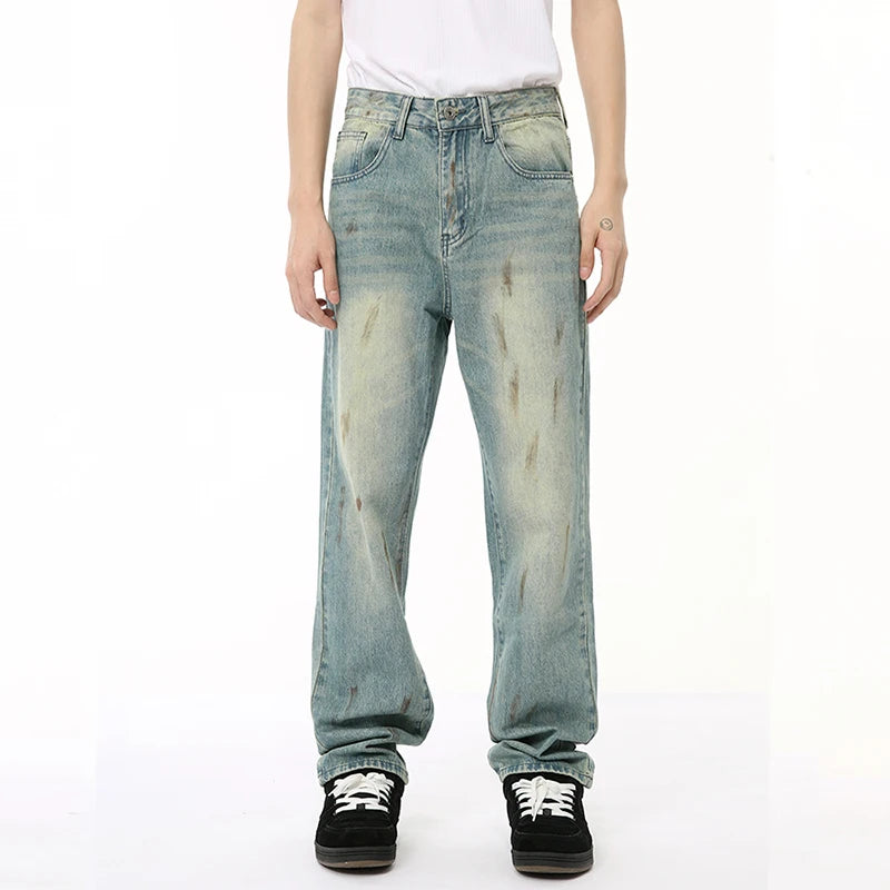 Male Denim Pants New American Worn-out Vintage Splash Ink Whiten Washed Straight Leg Jeans Summer Trendy 9C6674