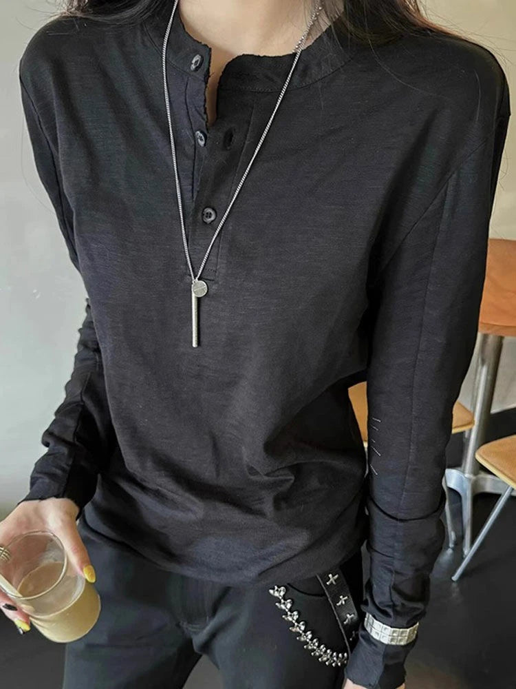 2025 Women Streetwear Embroidery Grunge T-shirts Loose Single Breasted Autumn Black Tops Y2k Aesthetic Casual Style Vintage Tees