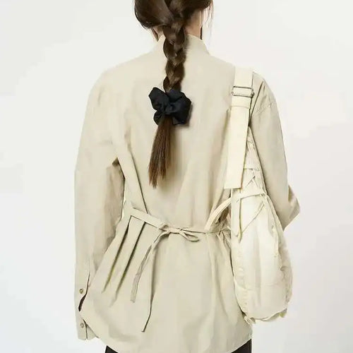 Load image into Gallery viewer, Women Brown Brief Belted Big Size Elegant Blouse New Stand Collar Long Sleeve Shirt Fashion Spring Autumn 2025 1DH9983
