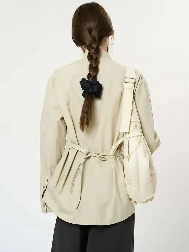 Women Brown Brief Belted Big Size Elegant Blouse New Stand Collar Long Sleeve Shirt Fashion Spring Autumn 2025 1DH9983