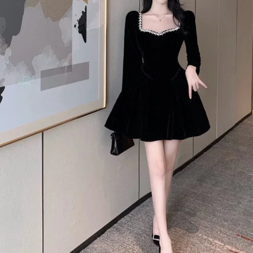 Load image into Gallery viewer, Vintage Elegant Black Party Dresses Evening Retro Velvet Tepmweament Wrap Slim Mini Short Dress Square Collar
