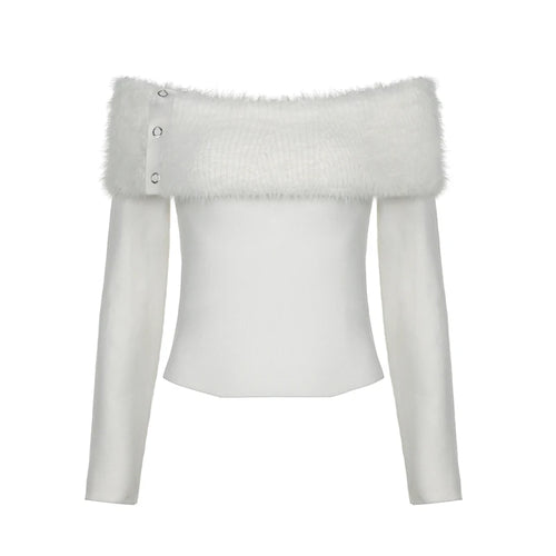 Load image into Gallery viewer, White Chic Fluffy Autumn Pullover Off Shoulder Top Fashion Women Sweaters Faux Fur Spliced Knitted Jumper Party
