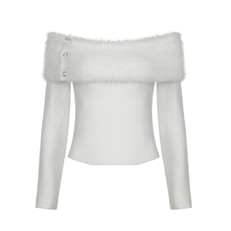 White Chic Fluffy Autumn Pullover Off Shoulder Top Fashion Women Sweaters Faux Fur Spliced Knitted Jumper Party