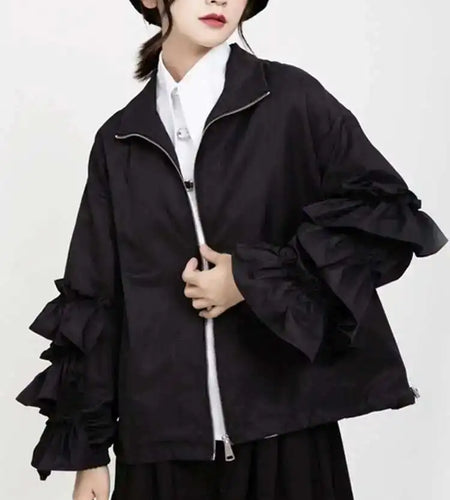 Loose Fit Black Ruffles Stitch Big Size Jacket New Lapel Long Sleeve Women Coat Fashion Tide Spring Autumn 2025 1B894