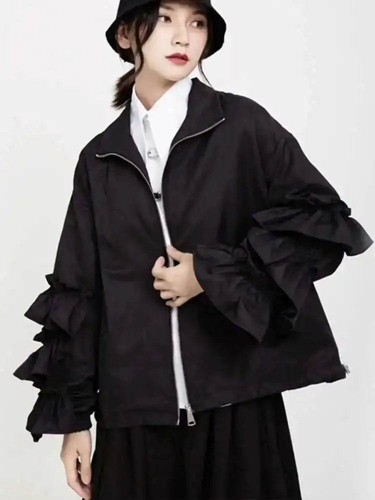 Loose Fit Black Ruffles Stitch Big Size Jacket New Lapel Long Sleeve Women Coat Fashion Tide Spring Autumn 2025 1B894