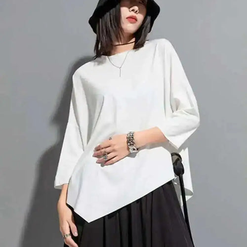 Load image into Gallery viewer, Women Black Ribbon Big Size T-shirt New Round Neck Three-quarter Batwing Sleeve Fashion Tide Spring Autumn 2025  1DF8422
