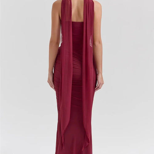 Load image into Gallery viewer, Wine Red Sexy Two Piece Sets Women Neckerchief Strapless Crop Tops And Maxi Skirt Sets Club Party Skirt Two Piece Sets
