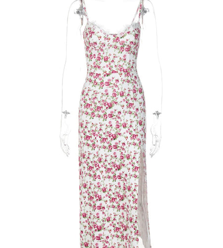 Ruffles Floral Print Slip Sleeveless Backless Sexy Bodycon Slit Midi Dress Summer Elegant Clothes Party Y2K Wholesale