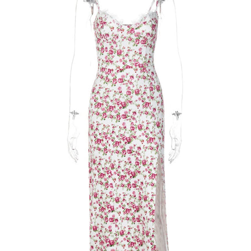 Load image into Gallery viewer, Ruffles Floral Print Slip Sleeveless Backless Sexy Bodycon Slit Midi Dress Summer Elegant Clothes Party Y2K Wholesale
