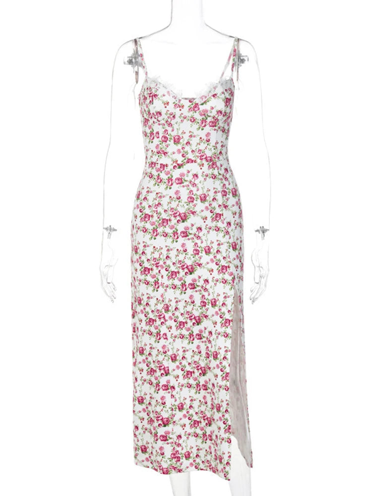 Ruffles Floral Print Slip Sleeveless Backless Sexy Bodycon Slit Midi Dress Summer Elegant Clothes Party Y2K Wholesale