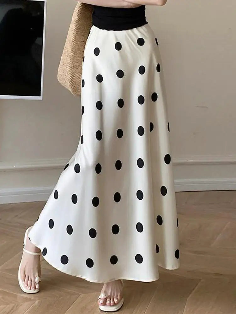 Spring Summer Women Black Beige Polka Dot Elegant Fishtail Long Skirt Korean Fashion High Waist Vacation Wrapped Hip Skirt Trend