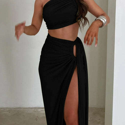 Load image into Gallery viewer, Sexy Open Back Two Piece Set Women's Top Slim Fit Split Half Skirt Set Female Fashion Party Evening Dress Beach Set
