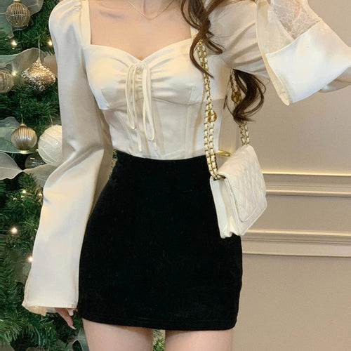 Load image into Gallery viewer, Spring Long Sleeve Elegant Satin Blouse Women Slim Square Neck Y2k Clothing Korean Fashion Casual Shirts Office Lady Tops
