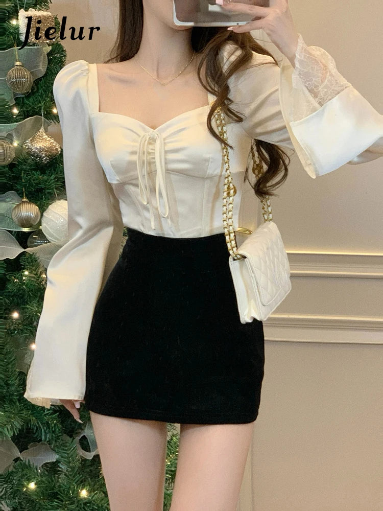 Spring Long Sleeve Elegant Satin Blouse Women Slim Square Neck Y2k Clothing Korean Fashion Casual Shirts Office Lady Tops