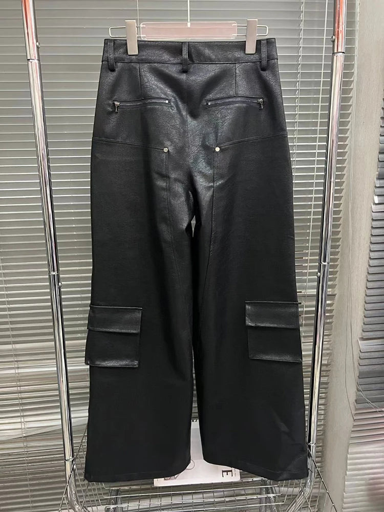 Solid Casual Patchwork Pockets Leather Pants For Women High Waist Spliced Button Wide Leg Pant Female Fashion