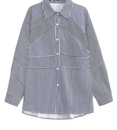 Women Blue Striped Big Size Casual Blouse New Lapel Long Sleeve Loose Fit Shirt Fashion Tide Spring Autumn 2025  1DH2926