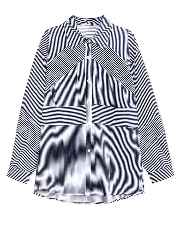 Women Blue Striped Big Size Casual Blouse New Lapel Long Sleeve Loose Fit Shirt Fashion Tide Spring Autumn 2025  1DH2926