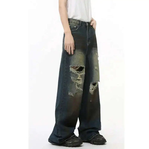 Load image into Gallery viewer, High Street Men&#39;s Denim Pants Worn-out Hole Design Contrast Color Straigh Bottom Wide Leg Loose Male Denim Spring 9C8204
